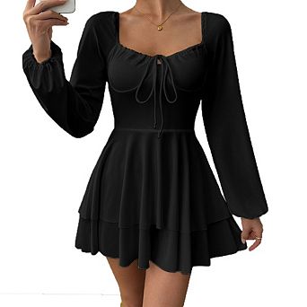 Women's Sweetheart Neck Tie Front Long Sleeve Ruffle Mini Dress Flared Skater Dress