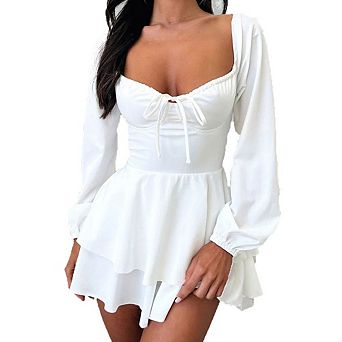 Women's Sweetheart Neck Tie Front Long Sleeve Ruffle Mini Dress Flared Skater Dress