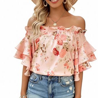 Women's Floral Print Off Shoulder Top, Ruffle Short Sleeve Casual Blouse