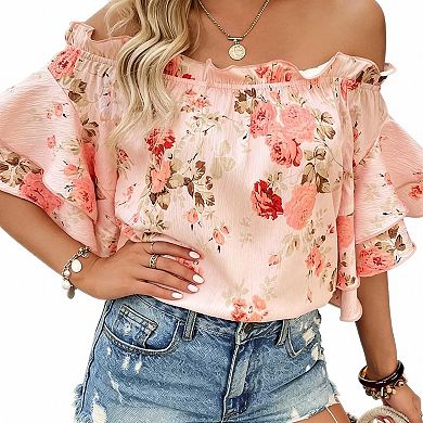 Women's Floral Print Off Shoulder Top, Ruffle Short Sleeve Casual Blouse
