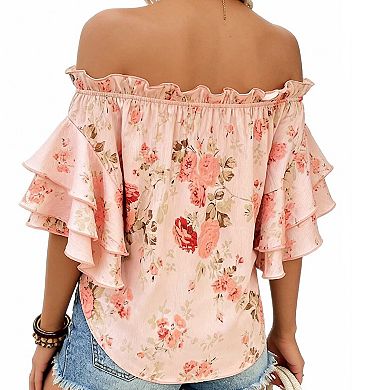 Women's Floral Print Off Shoulder Top, Ruffle Short Sleeve Casual Blouse