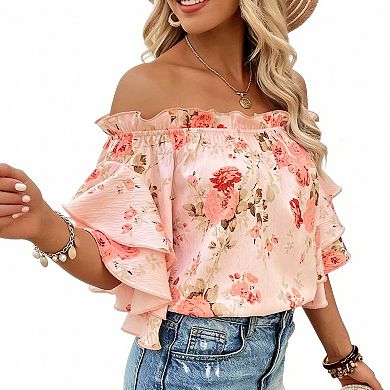 Women's Floral Print Off Shoulder Top, Ruffle Short Sleeve Casual Blouse