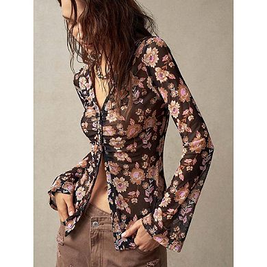 Seoria Long Sleeves V Neck Ruched Floral Print Sheer Top