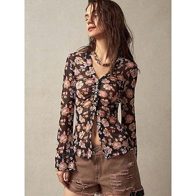 Seoria Long Sleeves V Neck Ruched Floral Print Sheer Top