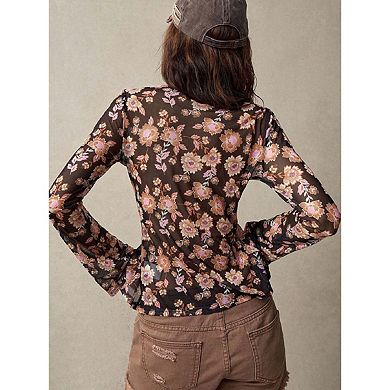 Seoria Long Sleeves V Neck Ruched Floral Print Sheer Top