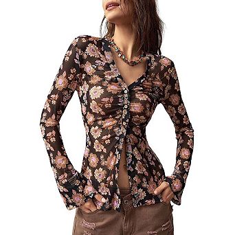 Seoria Long Sleeves V Neck Ruched Floral Print Sheer Top