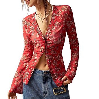 Seoria Long Sleeves V Neck Ruched Floral Print Sheer Top