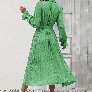 Women's Collared Long Sleeve Belted Pleated Midi Dress Elegant Work & Casual Dress