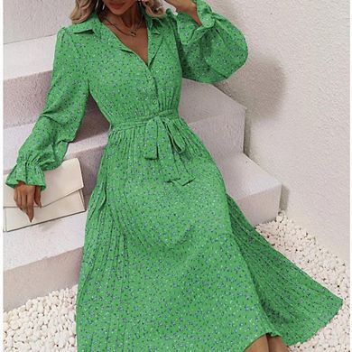 Women's Collared Long Sleeve Belted Pleated Midi Dress Elegant Work & Casual Dress