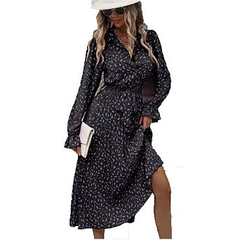 Women's Collared Long Sleeve Belted Pleated Midi Dress Elegant Work & Casual Dress