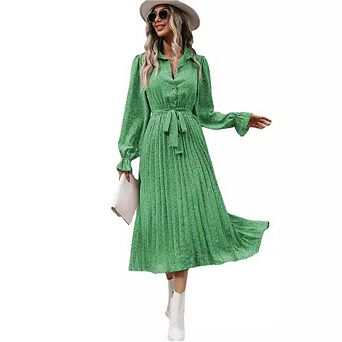 Women's Collared Long Sleeve Belted Pleated Midi Dress Elegant Work & Casual Dress