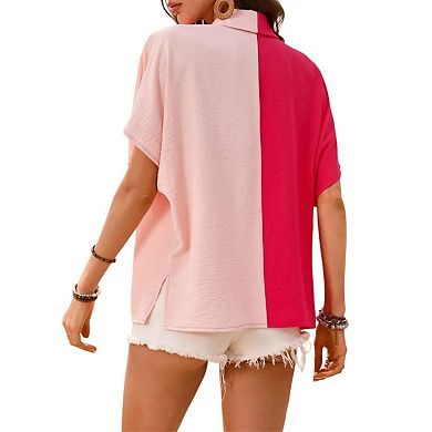 Button Down Short Sleeve Shirts for Women V Neck Loose Roll Up Collared Shirt Casual Summer Tops