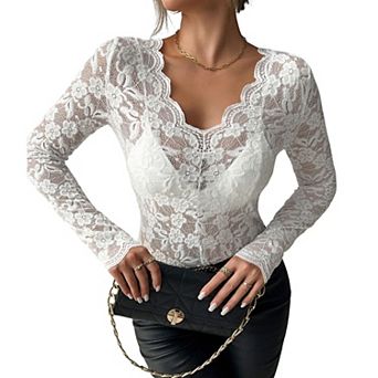 Women's Flower Sheer Lace Scalloped Shirt Long Sleeve Summer Casual Top V Neck Slim Fit Boho Blouse