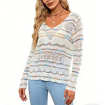 Women V Neck Striped Crochet Top Long Sleeve Sheer Beach Cover Up Casual Knit Pullover
