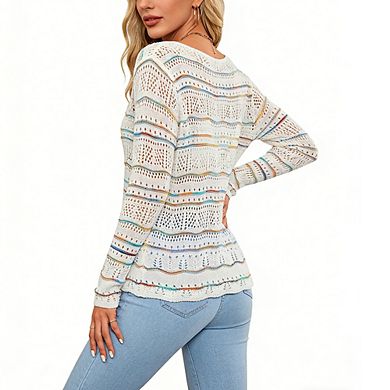Women V Neck Striped Crochet Top Long Sleeve Sheer Beach Cover Up Casual Knit Pullover