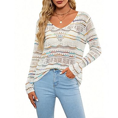 Women V Neck Striped Crochet Top Long Sleeve Sheer Beach Cover Up Casual Knit Pullover