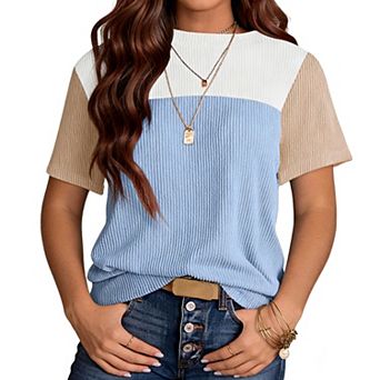 Women's Color Block Ribbed Knit T-Shirt Casual Short Sleeve Top for Summer