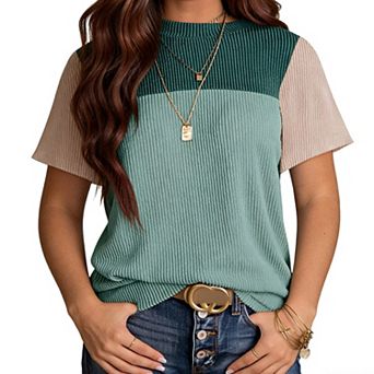 Women's Color Block Ribbed Knit T-Shirt Casual Short Sleeve Top for Summer