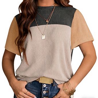 Women's Color Block Ribbed Knit T-Shirt Casual Short Sleeve Top for Summer