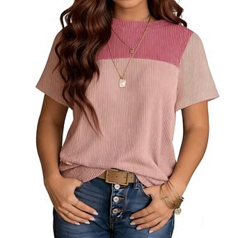 Women's Color Block Ribbed Knit T-Shirt Casual Short Sleeve Top for Summer