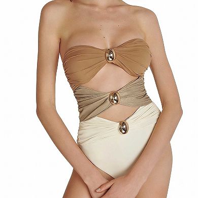 Women's High Waist Cutout Swimsuit, Color Block One-Piece Bathing Suit with Hardware