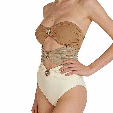 Women's High Waist Cutout Swimsuit, Color Block One-Piece Bathing Suit with Hardware
