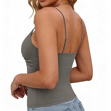 Women's Ruched Wrap V Neck Tank Top, Fitted Spaghetti Strap Casual Blouse