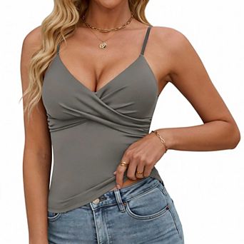 Women's Ruched Wrap V Neck Tank Top, Fitted Spaghetti Strap Casual Blouse