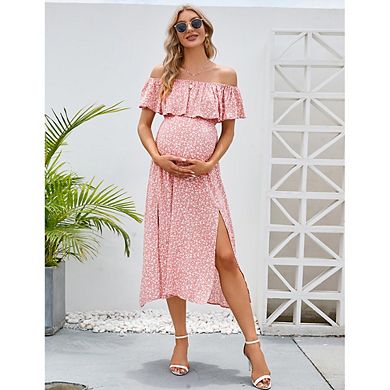 Maternity Off Shoulder Midi Dress Ruffle Layer Smocked Waist Split Floral & Solid Dress