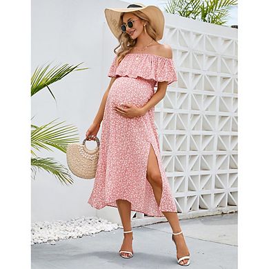 Maternity Off Shoulder Midi Dress Ruffle Layer Smocked Waist Split Floral & Solid Dress