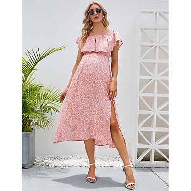 Maternity Off Shoulder Midi Dress Ruffle Layer Smocked Waist Split Floral & Solid Dress