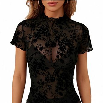 Women's Short Sleeve High Neck Mesh Blouse, Floral Sheer Fitted Layering Top