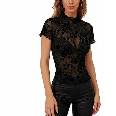 Women's Short Sleeve High Neck Mesh Blouse, Floral Sheer Fitted Layering Top