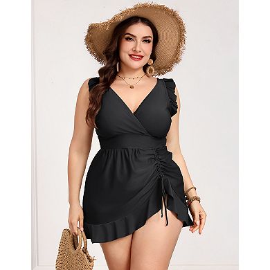 Plus Size Women's One Piece Swimdress Ruffled Hem Skirted Swimsuit