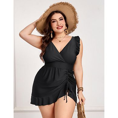 Plus Size Women's One Piece Swimdress Ruffled Hem Skirted Swimsuit