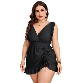 Plus Size Women's One Piece Swimdress Ruffled Hem Skirted Swimsuit