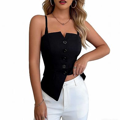 Women's Fitted Spaghetti Strap Vest, Button Front Casual Waistcoat Top