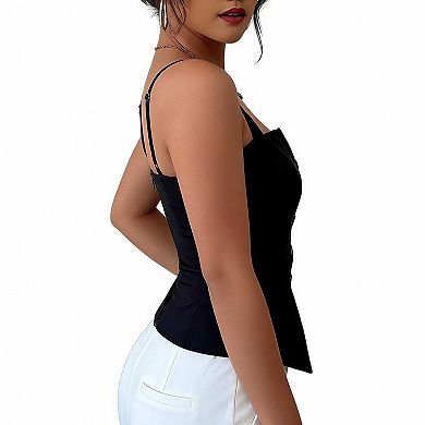 Women's Fitted Spaghetti Strap Vest, Button Front Casual Waistcoat Top