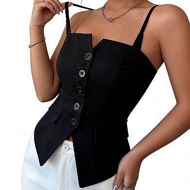 Women's Fitted Spaghetti Strap Vest, Button Front Casual Waistcoat Top