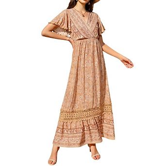 Women's Boho Floral Maxi Dress Short Sleeve Lace Trim Travel Beach Dress