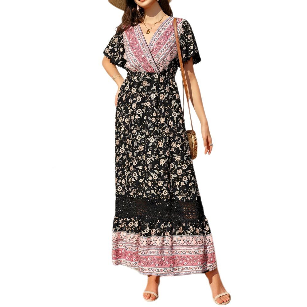 Женские платья Boho Floral Maxi Dress Short Sleeve Lace Trim Travel Beach Dress