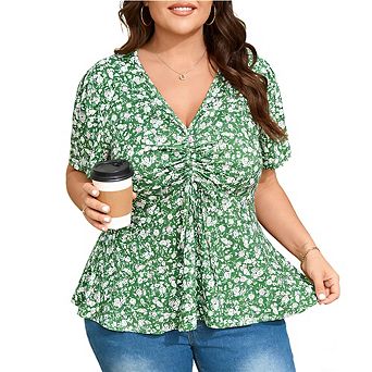 Women Plus Size Floral Ruched Peplum Blouse V Neck Short Sleeve Casual Summer Top