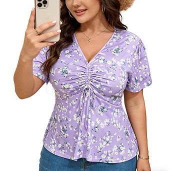 Women Plus Size Floral Ruched Peplum Blouse V Neck Short Sleeve Casual Summer Top