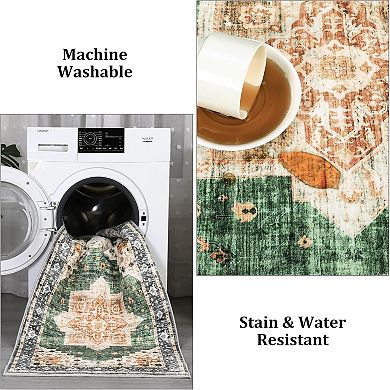 Boho Low Pile Rugs, Non Slip Washable Carpet for Kitchen, Laundry Room, Bathroom