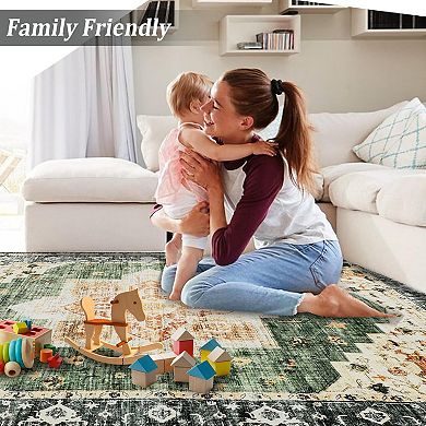 Boho Low Pile Rugs, Non Slip Washable Carpet for Kitchen, Laundry Room, Bathroom
