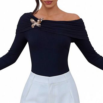 Women's Draped Off Shoulder Long Sleeve Top, Butterfly Accent Fitted Blouse