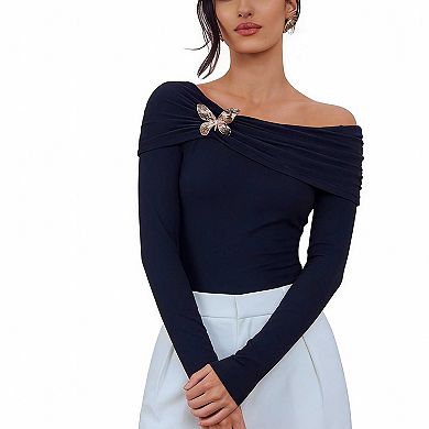 Women's Draped Off Shoulder Long Sleeve Top, Butterfly Accent Fitted Blouse