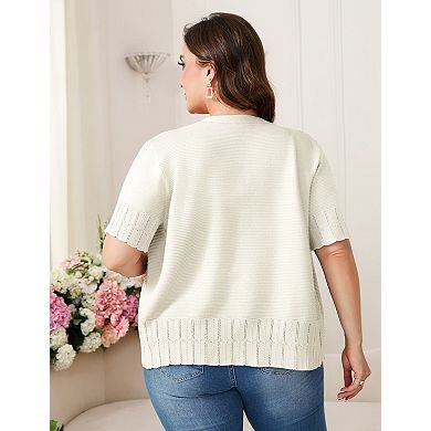 Women's Plus Size V-Neck Short Sleeve Knit Cardigan Single Breasted Scalloped Edge Sweater