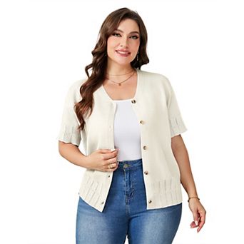 Women's Plus Size V-Neck Short Sleeve Knit Cardigan Single Breasted Scalloped Edge Sweater