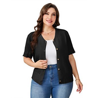 Women's Plus Size V-Neck Short Sleeve Knit Cardigan Single Breasted Scalloped Edge Sweater